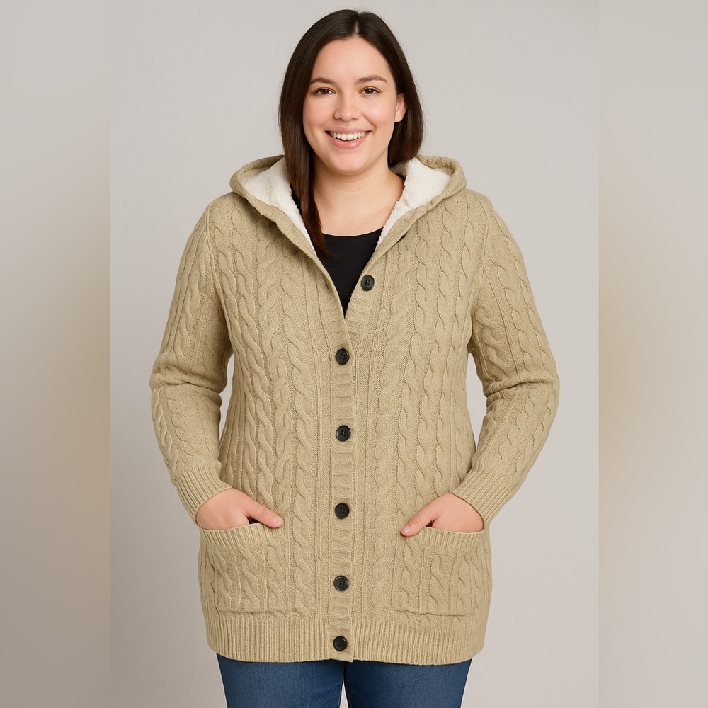 d&co‎ Cable Knit Hooded Cardigan w/ Sherpa Lining – Beige, Size Large